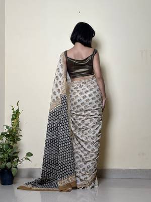 Caramel Chic - Handblock Print Natural Dyed -  Mulmul Cotton Saree - Without blouse 4
