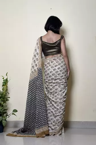 Caramel Chic - Handblock Print Natural Dyed -  Mulmul Cotton Saree - Without blouse