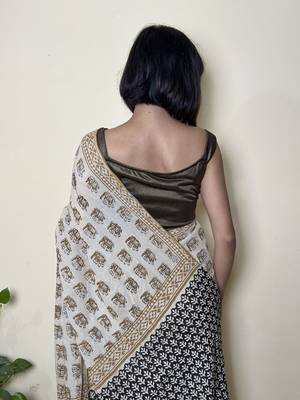 Caramel Chic - Handblock Print Natural Dyed -  Mulmul Cotton Saree - Without blouse 5
