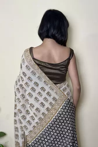 Caramel Chic - Handblock Print Natural Dyed -  Mulmul Cotton Saree - Without blouse