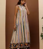 White striped cotton kurta with black kalamkari border