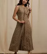 Olive green tie-up neck ajrakh print dress