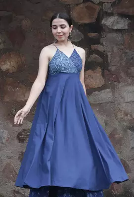Indigo printed angrakha style flared kurta 1