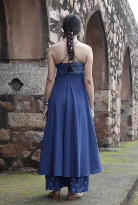 Indigo printed angrakha style flared kurta 2