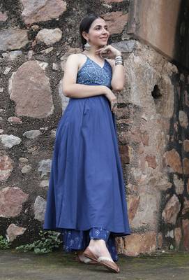 Indigo printed angrakha style flared kurta 3