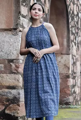 Druti indigo printed flared kurta dress 1