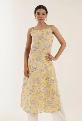 Yellow color cotton slip with multicolor motif 1