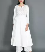White anarkali with beige kantha embroidered yoke