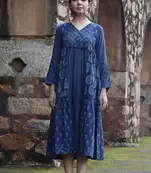 Konalaka indigo cotton hand block printed tiered kurta dress