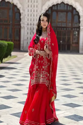Red faux georgette embroidered kurta with pant & dupatta