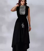 Black asymmetrical tie-up kurta with ikkat yoke in front and back side panels