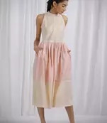 Orange and yellow cotton striped halter neck flared dress