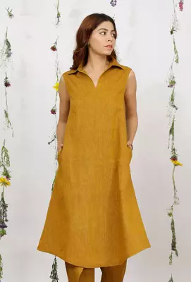 Mustard yellow khadi cotton shirt kurta 1