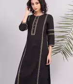 Black kantha embroidered cotton kurta