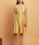 Yellow multicolor flared sleeveless woven dress