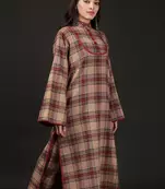 Chestnut brown woven tartan checks lace detailed phiran kurta with pockets