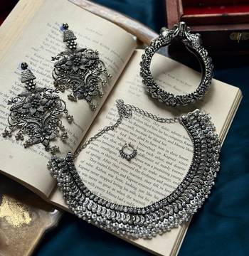 Silver oxidised 4-piece jewelry set combo with choker, earrings, kada, and nose ring 1