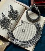 Silver oxidised 4-piece jewelry set combo with choker, earrings, kada, and nose ring