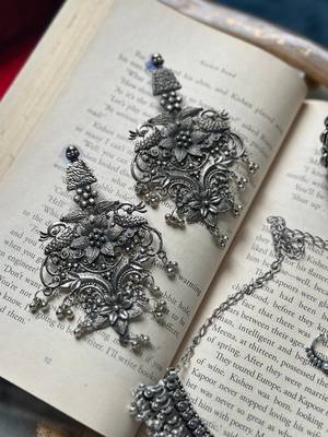 Silver oxidised 4-piece jewelry set combo with choker, earrings, kada, and nose ring 2