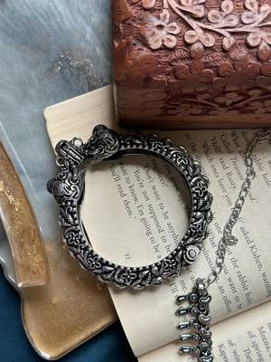 Silver oxidised 4-piece jewelry set combo with choker, earrings, kada, and nose ring 3