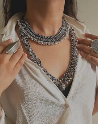 Oxidised silver necklace and choker combo with ghungroo 1