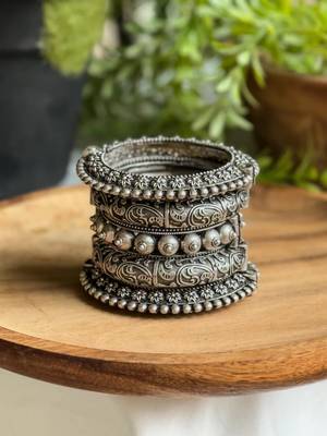 Silver oxidised lookalike bangle stack (set of 5) 2