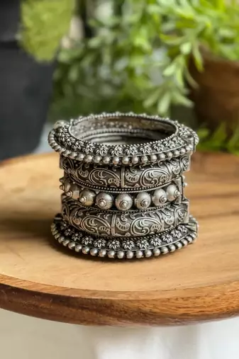 Silver oxidised lookalike bangle stack (set of 5)
