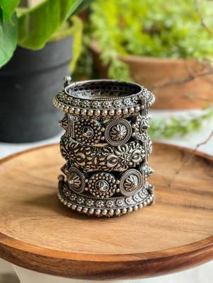Silver look-alike oxidised bangle stack (set of 5) 1