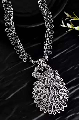 Oxidised spring chain necklace with peacock design pendant