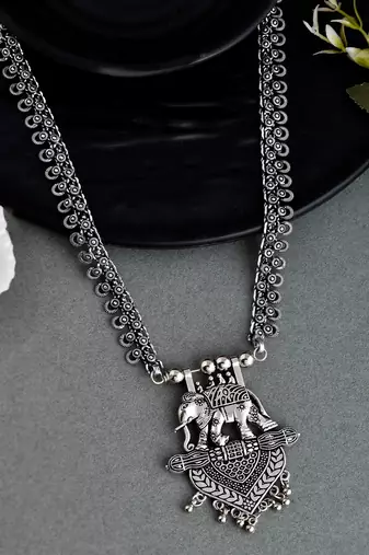 Oxidised spring chain traditional necklace with elephant design pendant
