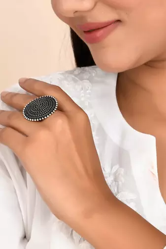 Designer oxidised brass ring with black polish