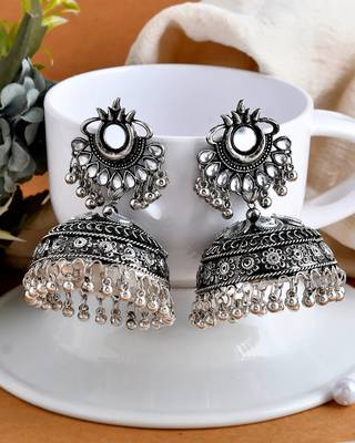 Big mirror oxidised jhumka earrings 2