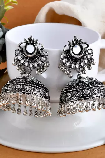 Big mirror oxidised jhumka earrings