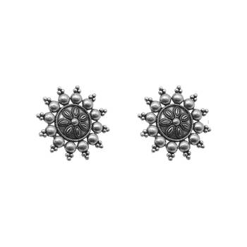 Round silver oxidized stud earrings 2