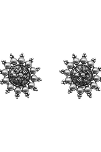 Round silver oxidized stud earrings