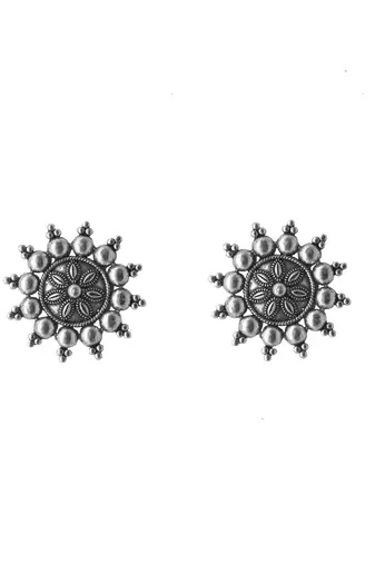 Round silver oxidized stud earrings