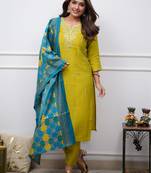 Lemon viscose chanderi heavy thread embroidery work with printed dupatta kurta pant set