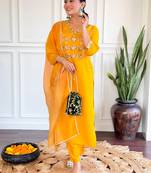 Yellow chanderi silk heavy thread embroidery work kurta pant set