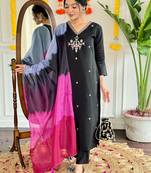 Black viscose chanderi heavy thread embroidery work kurta pant set