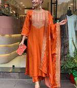 Orange chanderi silk heavy thread embroidery work with jacquard dupatta kurta pant set