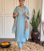 Sky blue viscose chanderi heavy thread embroidery work with jacquard printed dupatta kurta pant set