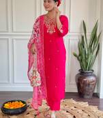 Rani pink chanderi heavy thread embroidery work with printed dupatta kurta pant set