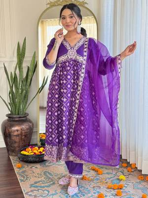 Violet chanderi silk heavy thread embroidery work with foil print kurta pant set 1