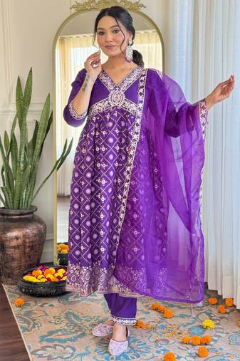 Violet chanderi silk heavy thread embroidery work with foil print kurta pant set