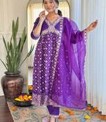 Violet chanderi silk heavy thread embroidery work with foil print kurta pant set
