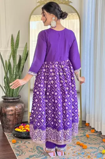 Violet chanderi silk heavy thread embroidery work with foil print kurta pant set