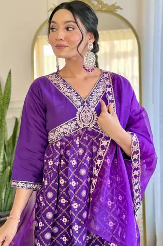 Violet chanderi silk heavy thread embroidery work with foil print kurta pant set