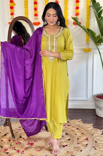 Mustard rayon slub heavy thread embroidery work kurta pant set