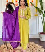 Mustard rayon slub heavy thread embroidery work kurta pant set