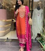 Orange & rani pink pure chinon heavy thread embroidery work kurta pant set